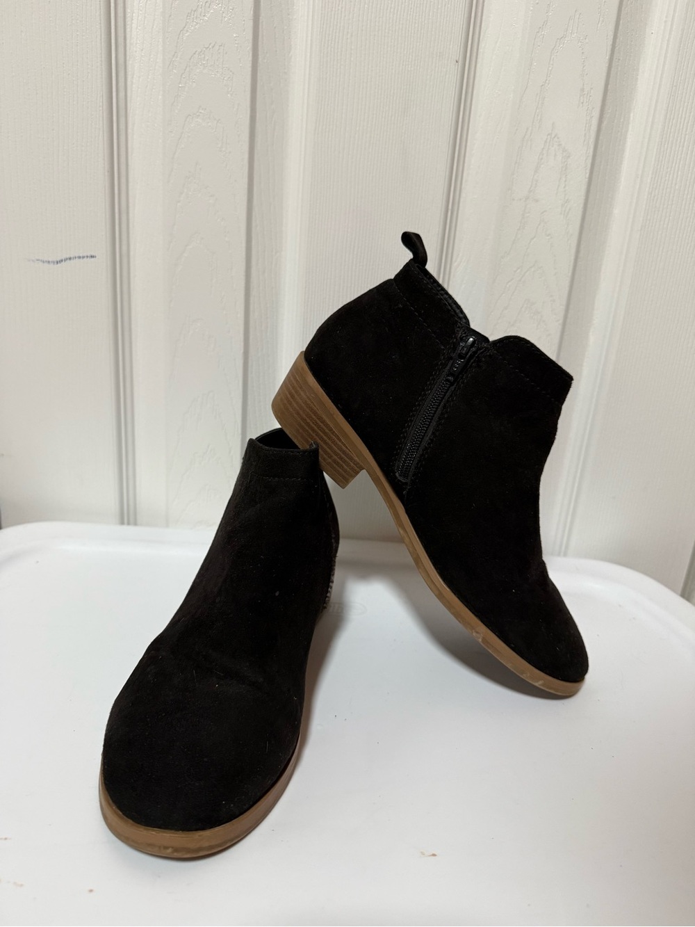 Time and Tru Black Suede Ankle Booties with Brown Low Heel